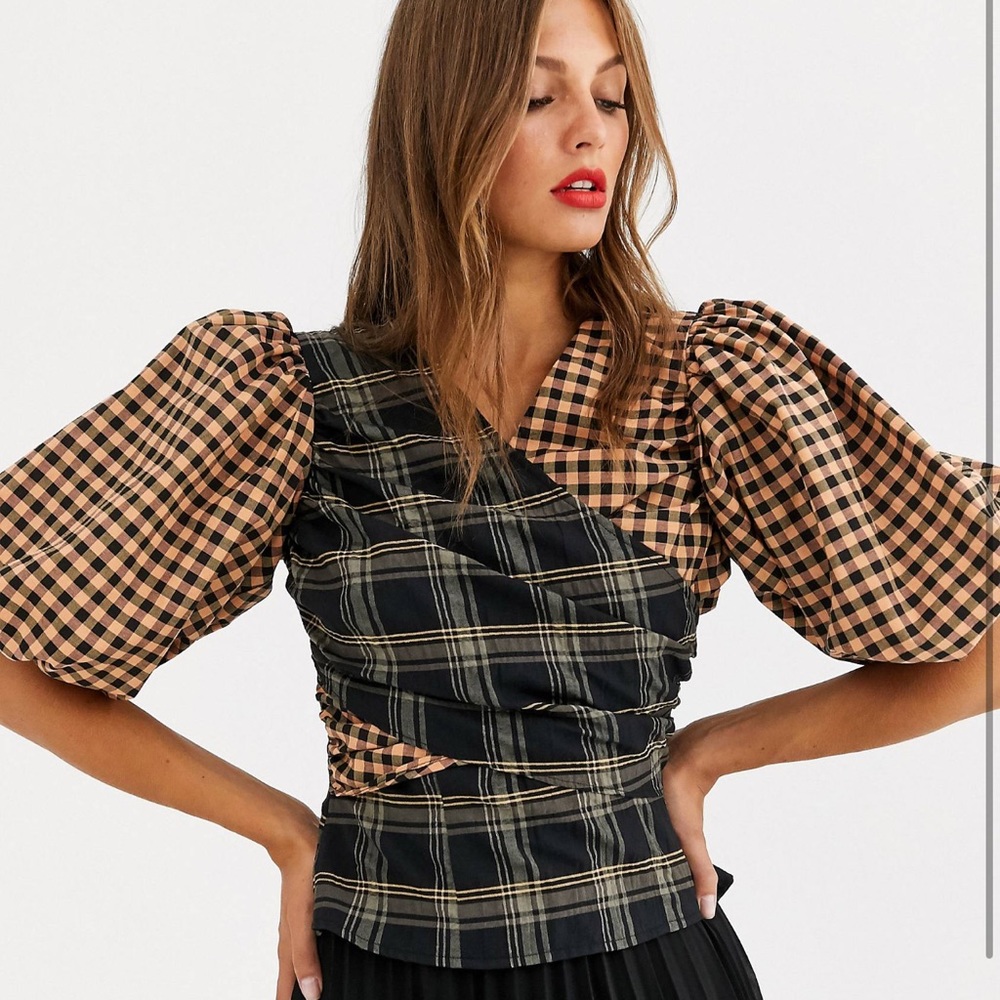 ASOS DESIGN 3/4 sleeve wrap top in mixed check print